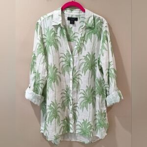 Tahari Linen Top Large White Green Palm Tree Long Sleeve Button Tunic Shirt